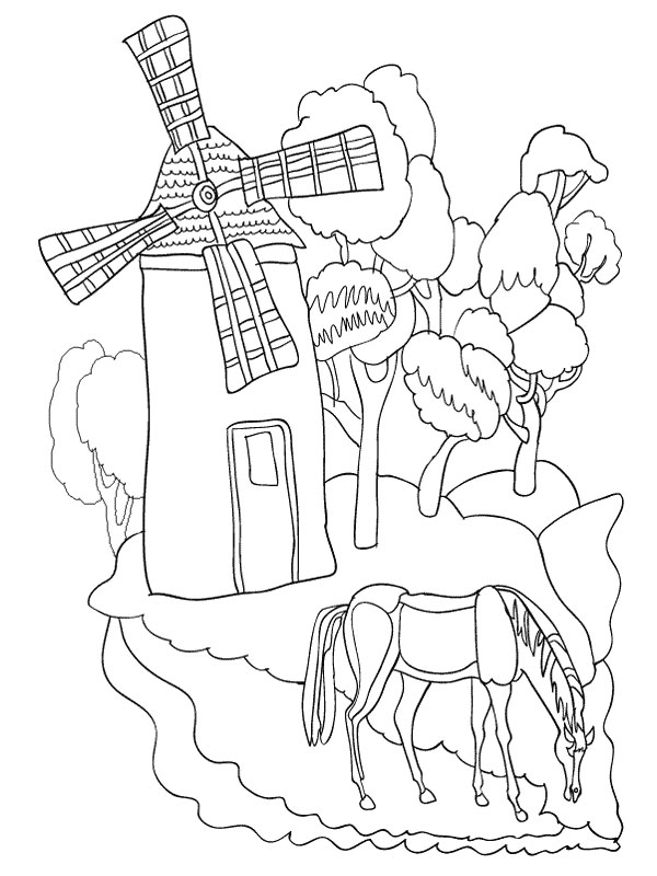 coloriage cheval broutant pres du moulin